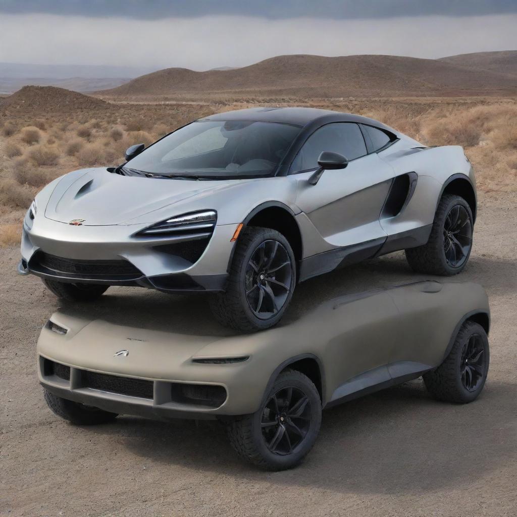 An unusual crossover between the aerodynamic, sporty design of a McLaren and the durable, adventurous aesthetic of a Jeep.