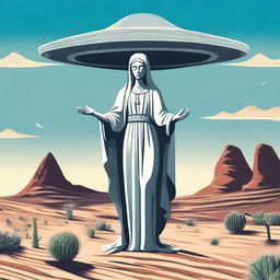 Create an image of the Virgin Mary with a gray alien face and open arms, standing in the desert with a UFO hovering above her