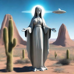 Create an image of the Virgin Mary with a gray alien face and open arms, standing in the desert with a UFO hovering above her