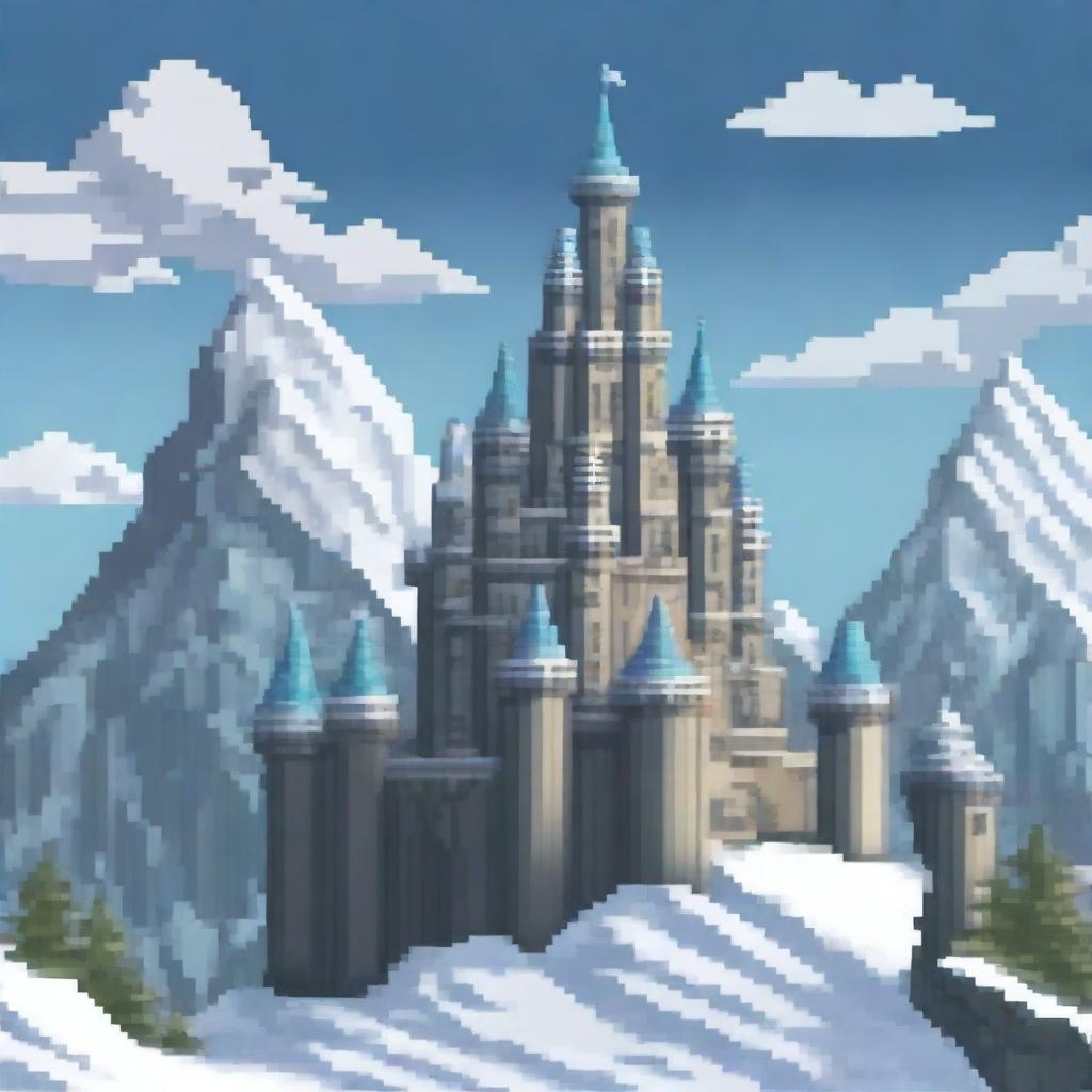 A pixel art depiction of a majestic castle situated atop a snowy mountain