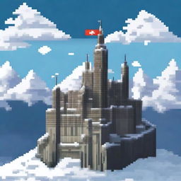 A pixel art depiction of a majestic castle situated atop a snowy mountain