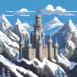 A pixel art depiction of a majestic castle situated atop a snowy mountain