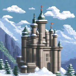 A pixel art depiction of a majestic castle situated atop a snowy mountain