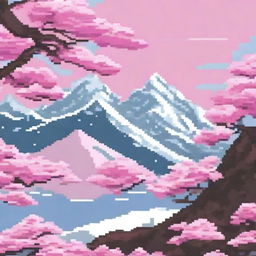 A pixel art depiction of a sword embedded in a snowy mountain, surrounded by blooming cherry blossoms