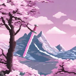 A pixel art depiction of a sword embedded in a snowy mountain, surrounded by blooming cherry blossoms