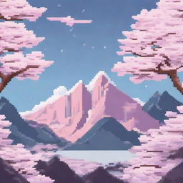 A pixel art depiction of a sword embedded in a snowy mountain, surrounded by blooming cherry blossoms