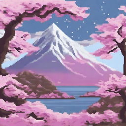 A pixel art depiction of a sword embedded in a snowy mountain, surrounded by blooming cherry blossoms