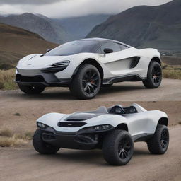 An unusual crossover between the aerodynamic, sporty design of a McLaren and the durable, adventurous aesthetic of a Jeep.