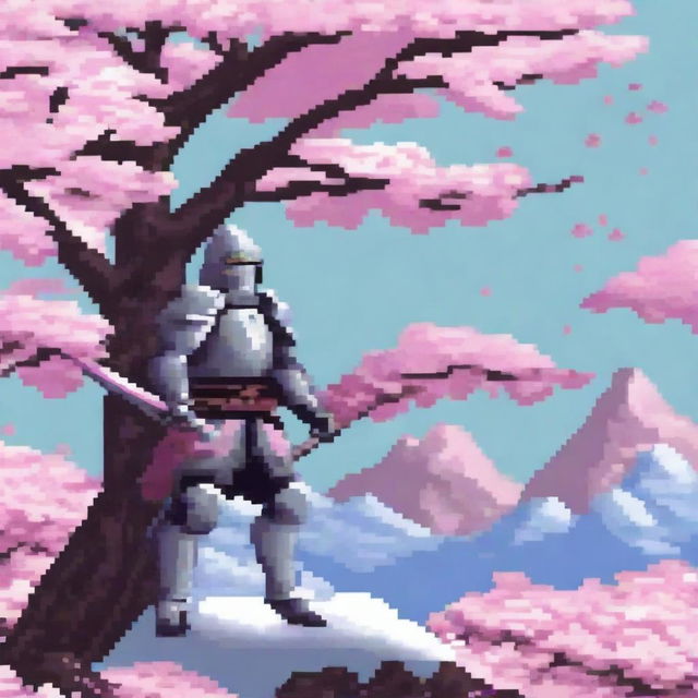 A pixel art scene featuring a knight standing on a snowy mountain, holding a sword, surrounded by blooming cherry blossoms