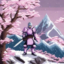 A pixel art scene featuring a knight standing on a snowy mountain, holding a sword, surrounded by blooming cherry blossoms