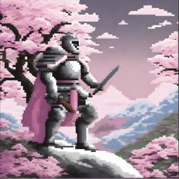 A pixel art scene featuring a knight standing on a snowy mountain, holding a sword, surrounded by blooming cherry blossoms