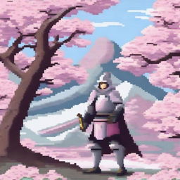 A pixel art scene featuring a knight standing on a snowy mountain, holding a sword, surrounded by blooming cherry blossoms