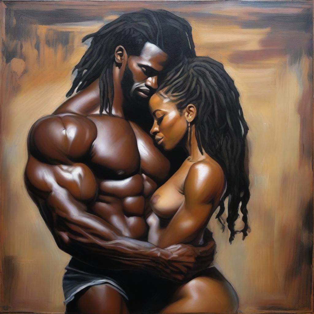 A polished oil-based painting showing a full-body view of a sexy, muscular Black man holding a beautiful Black woman with dreadlocks