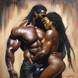 A polished oil-based painting showing a full-body view of a sexy, muscular Black man holding a beautiful Black woman with dreadlocks