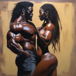 A polished oil-based painting showing a full-body view of a sexy, muscular Black man holding a beautiful Black woman with dreadlocks