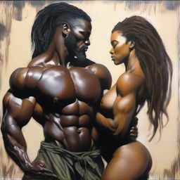 A polished oil-based painting showing a full-body view of a sexy, muscular Black man holding a beautiful Black woman with dreadlocks