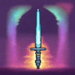 A pixel art image of a sword surrounded by a mystical aura