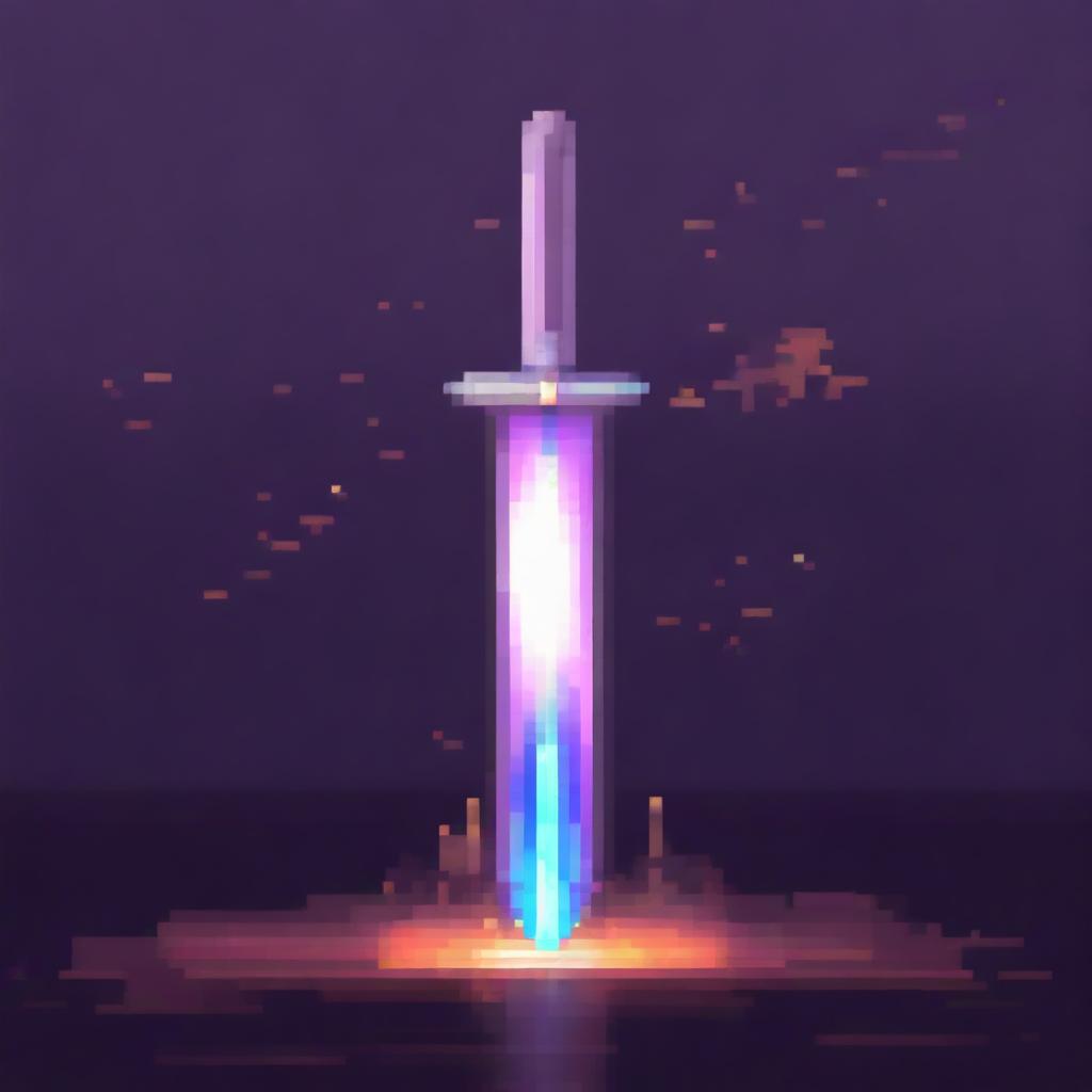 A pixel art image of a sword surrounded by a mystical aura