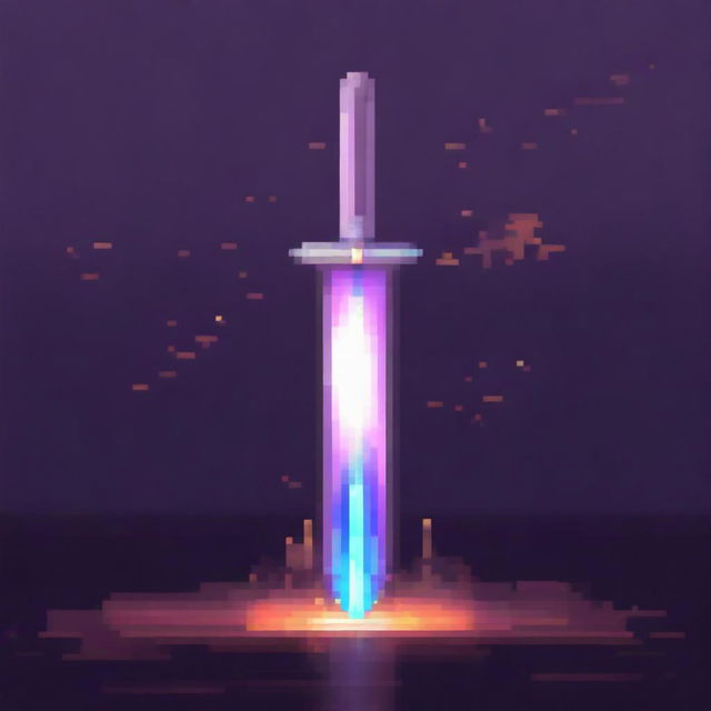 A pixel art image of a sword surrounded by a mystical aura