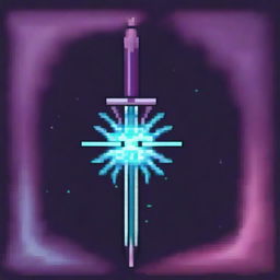 A pixel art image of a sword surrounded by a mystical aura