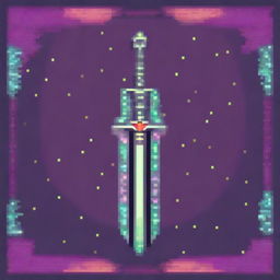 A pixel art image of a sword surrounded by a mystical aura