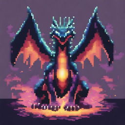 A pixel art image of a dragon surrounded by a mystical aura