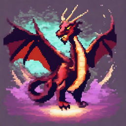 A pixel art image of a dragon surrounded by a mystical aura