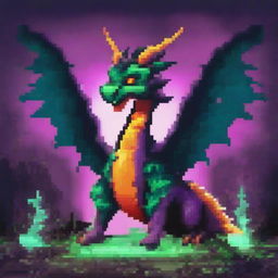 A pixel art image of a dragon surrounded by a mystical aura