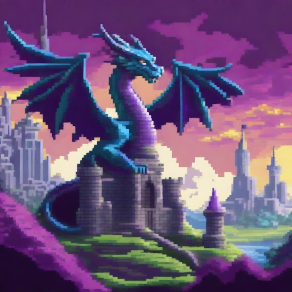 A pixel art scene featuring a majestic dragon coiling around a castle, surrounded by a mystical aura