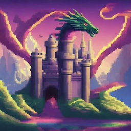 A pixel art scene featuring a majestic dragon coiling around a castle, surrounded by a mystical aura