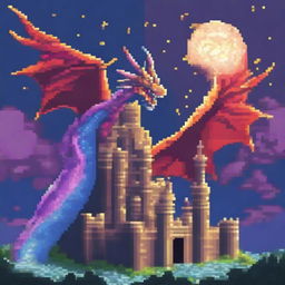 A pixel art scene featuring a majestic dragon coiling around a castle, surrounded by a mystical aura