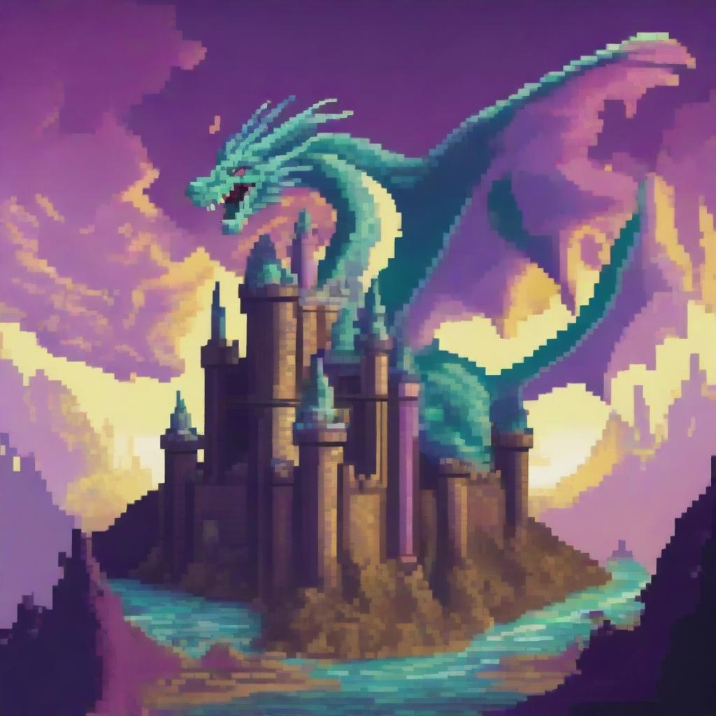 A pixel art scene featuring a majestic dragon coiling around a castle, surrounded by a mystical aura