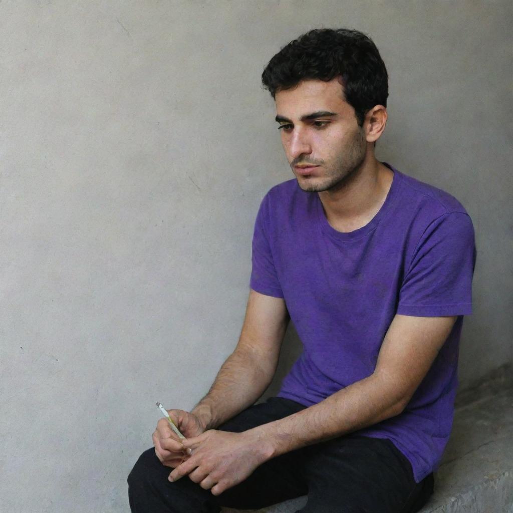 A 25-year-old Iranian man, wearing a purple t-shirt and black pants, sits against a wall, holding a cigarette.