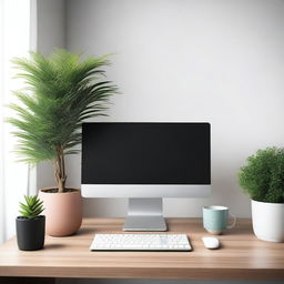 A modern desktop computer setup with a sleek monitor, ergonomic keyboard, and a stylish mouse