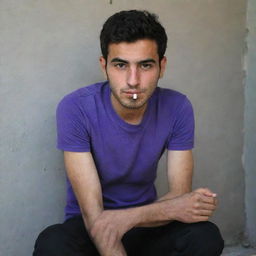 A 25-year-old Iranian man, wearing a purple t-shirt and black pants, sits against a wall, holding a cigarette.