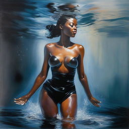 A polished, full-body oil-based painting of a sexy Black maid swimming towards the viewer