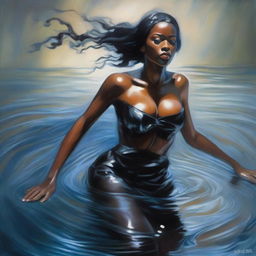 A polished, full-body oil-based painting of a sexy Black maid swimming towards the viewer