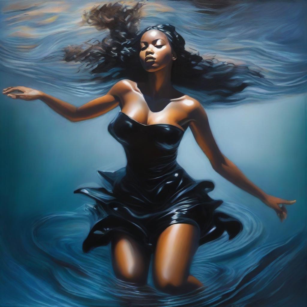 A polished, full-body oil-based painting of a sexy Black maid swimming towards the viewer