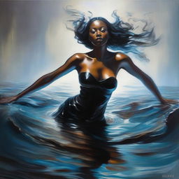 A polished, full-body oil-based painting of a sexy Black maid swimming towards the viewer