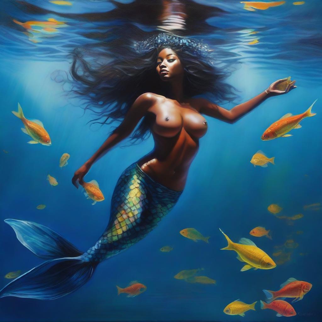 A polished, hyper-realistic, full-body oil-based painting of a sexy Black mermaid with beautiful breasts swimming towards the viewer