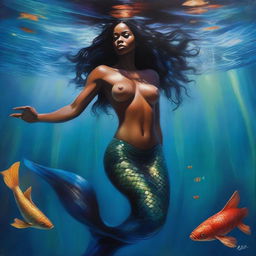 A polished, hyper-realistic, full-body oil-based painting of a sexy Black mermaid with beautiful breasts swimming towards the viewer