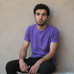 A 25-year-old Iranian man, wearing a purple t-shirt and black pants, sits against a wall, holding a cigarette.