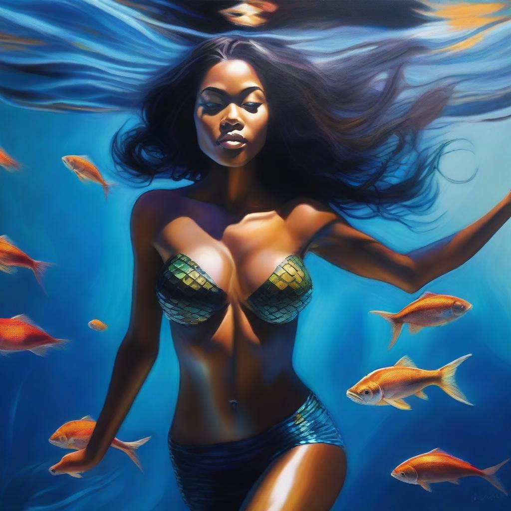 A polished, hyper-realistic, full-body oil-based painting of a sexy Black mermaid with beautiful breasts swimming towards the viewer