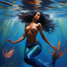 A polished, hyper-realistic, full-body oil-based painting of a sexy Black mermaid with beautiful breasts swimming towards the viewer