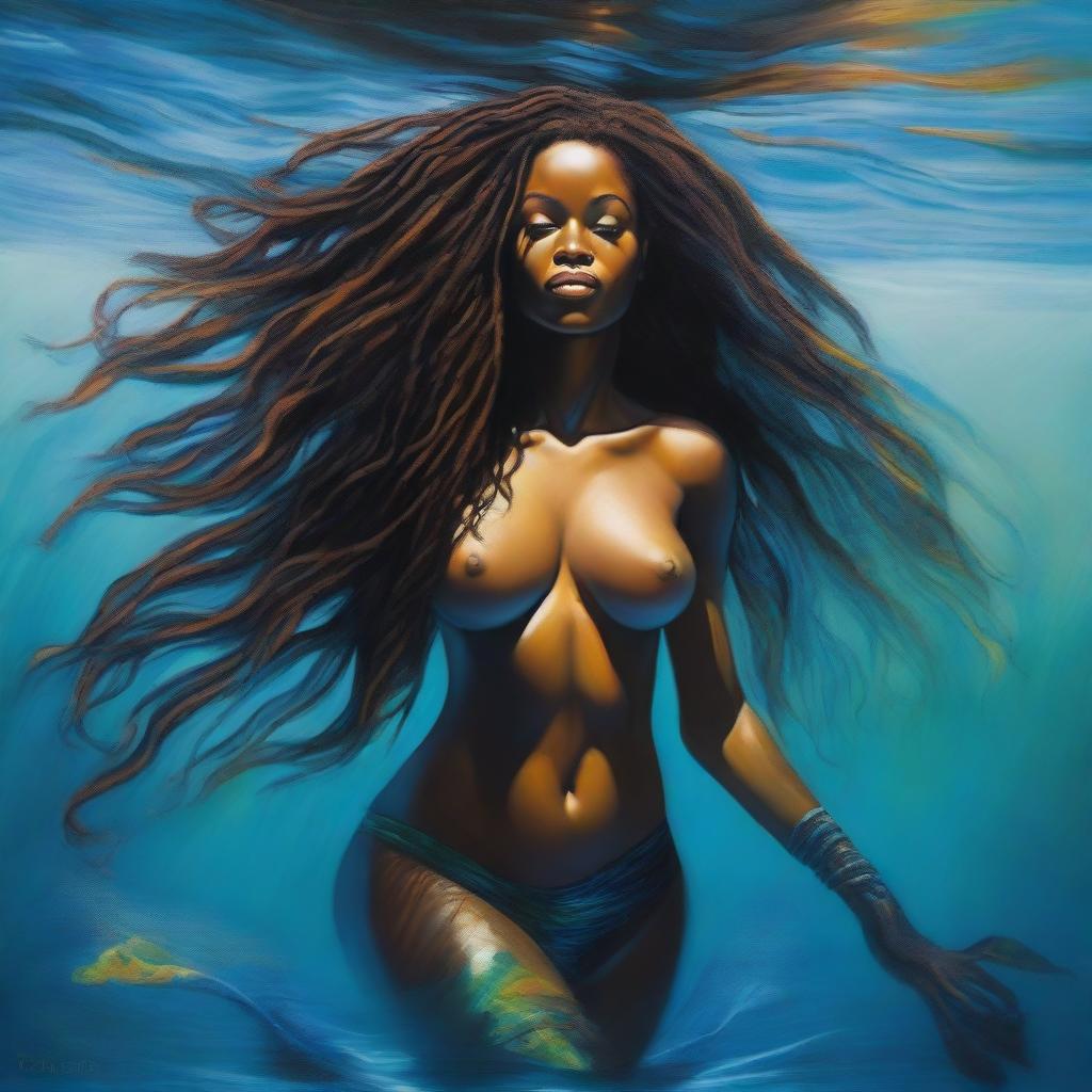 A polished, hyper-realistic, full-body oil-based painting of a sexy Black mermaid with natural dreadlocks