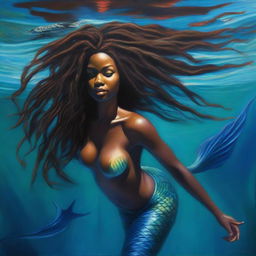 A polished, hyper-realistic, full-body oil-based painting of a sexy Black mermaid with natural dreadlocks