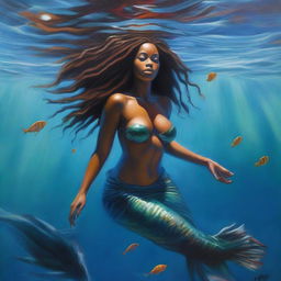 A polished, hyper-realistic, full-body oil-based painting of a sexy Black mermaid with natural dreadlocks