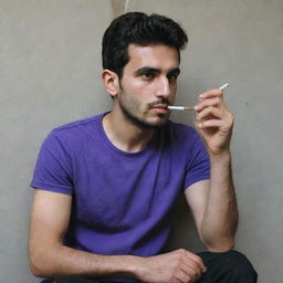 A 25-year-old Iranian man, wearing a purple t-shirt and black pants, sits against a wall, holding a cigarette.