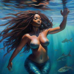 A polished, hyper-realistic, full-body oil-based painting of a sexy Black mermaid with natural dreadlocks