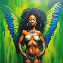 A polished oil-based painting featuring a full-body view of a sexy Black woman with dreadlocks, beautiful breasts, and vibrant green macaw wings